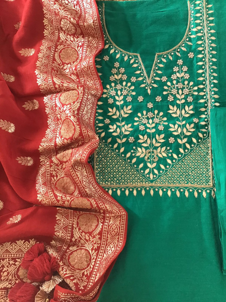 Image of Pure Cotton Silk Banarasi Weaved Embroidered Suit - Green