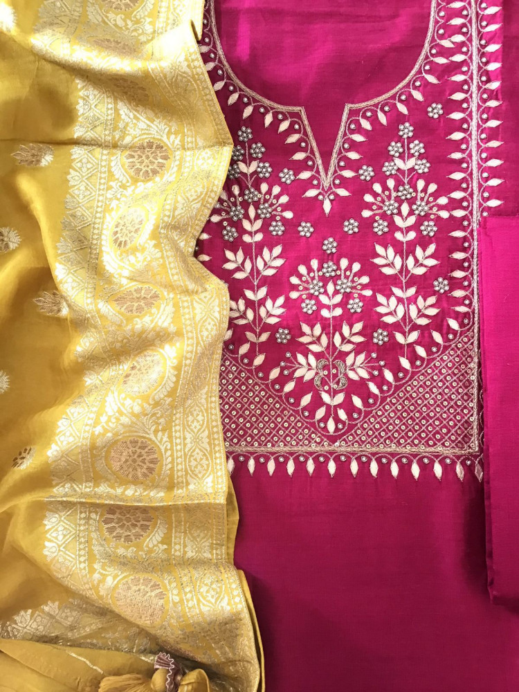 Image of Pure Cotton Silk Banarasi Weaved Embroidered Suit - Pink