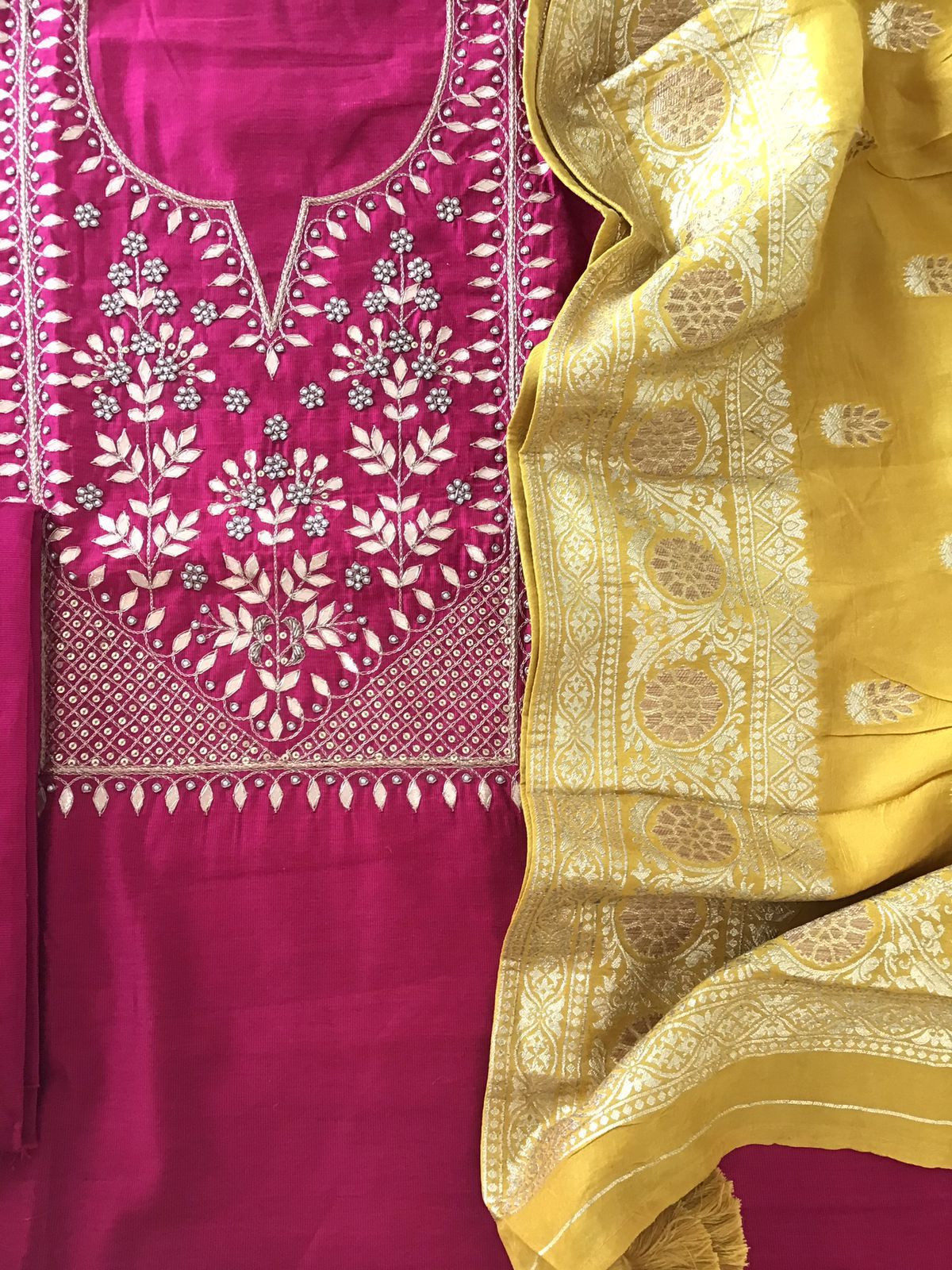 Pure Cotton Silk Banarasi Weaved Embroidered Suit - Pink
