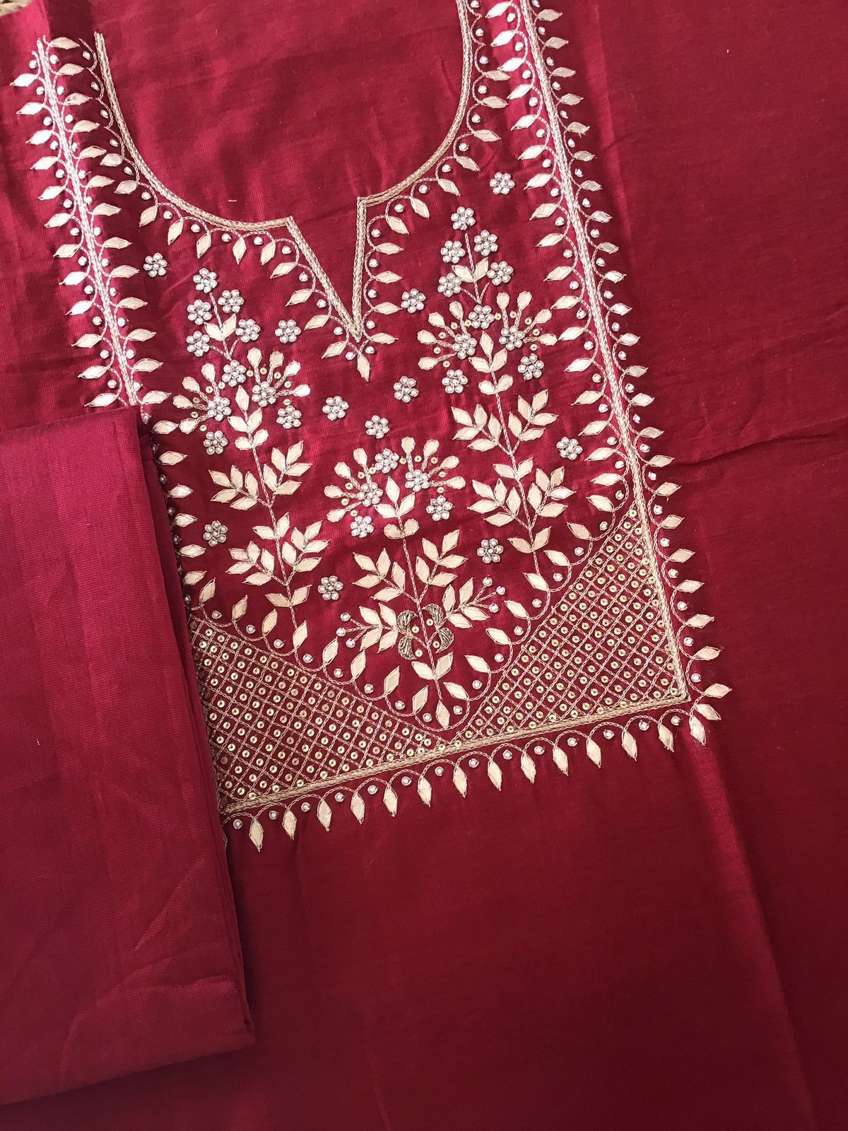Pure Cotton Silk Banarasi Weaved Embroidered Suit - Maroon