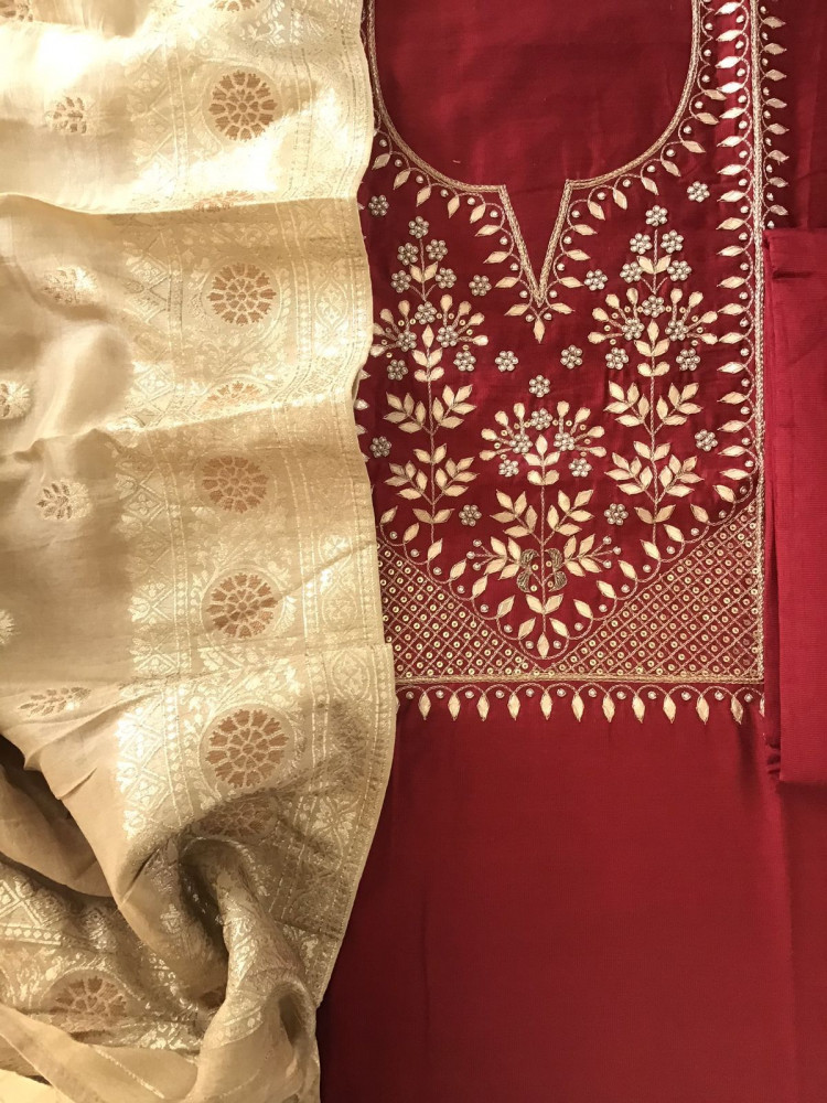 Image of Pure Cotton Silk Banarasi Weaved Embroidered Suit - Maroon
