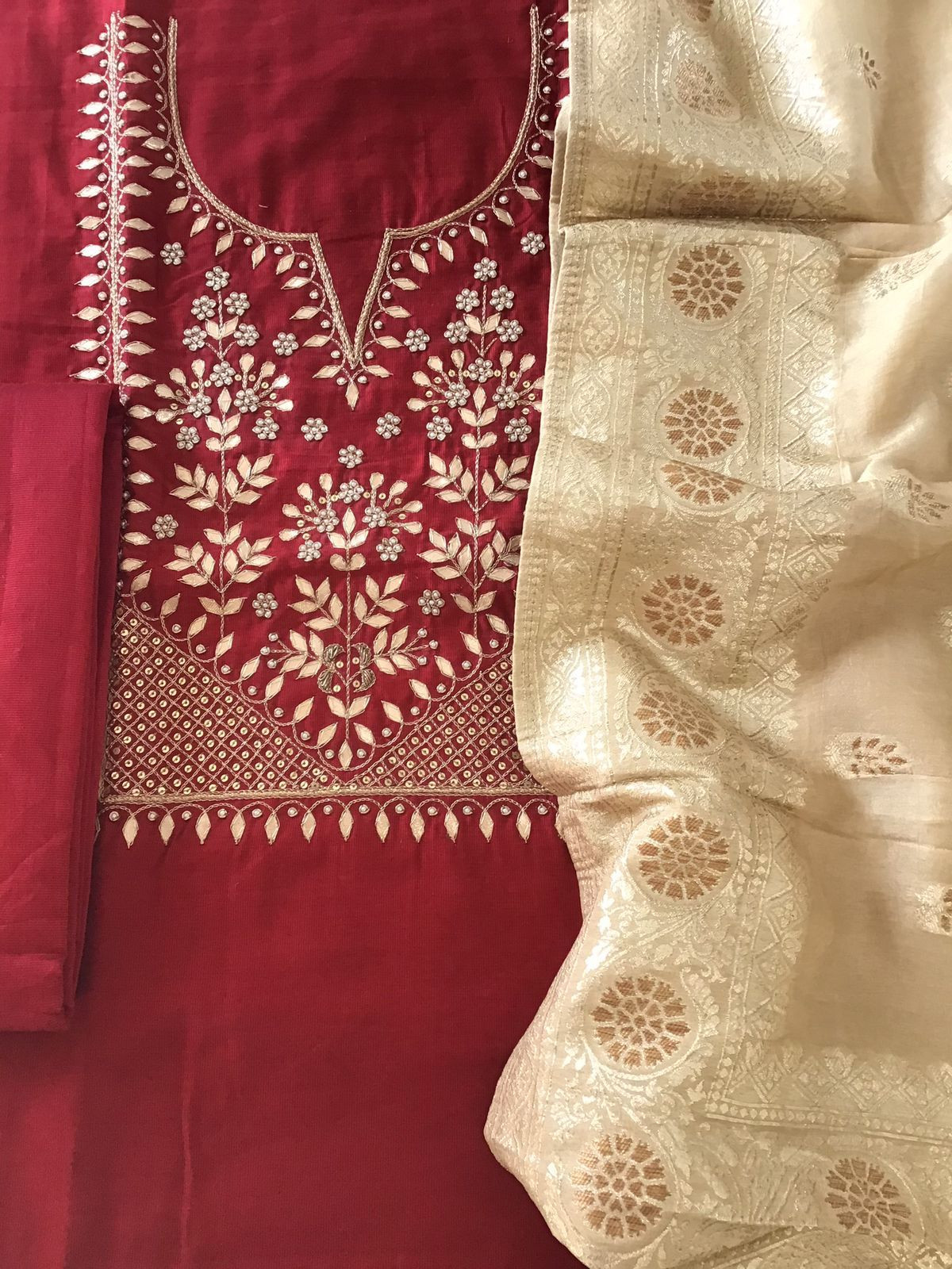 Pure Cotton Silk Banarasi Weaved Embroidered Suit - Maroon