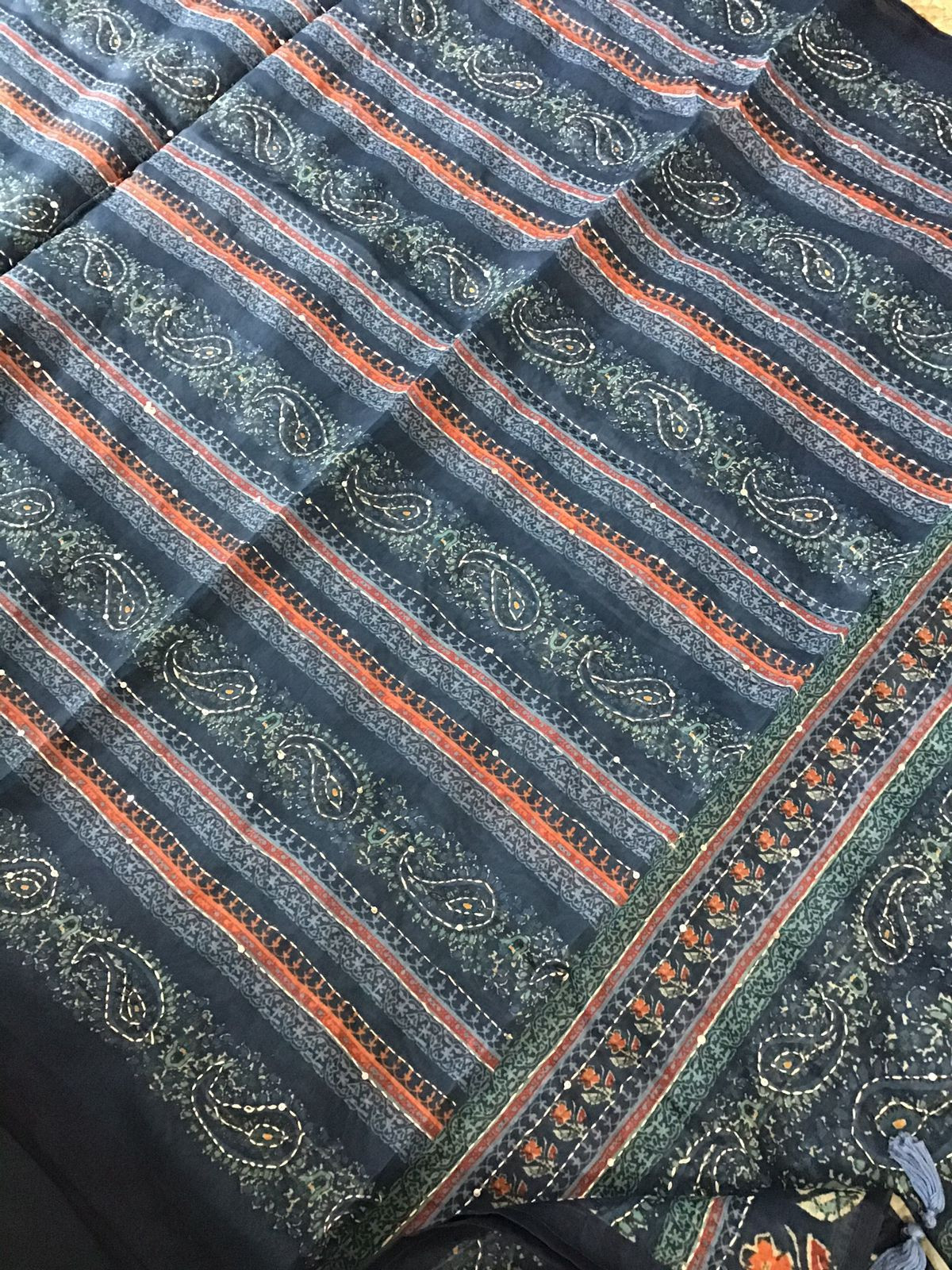 Soft Fine Kora Chanderi Printed Embroidered Suit - Grey