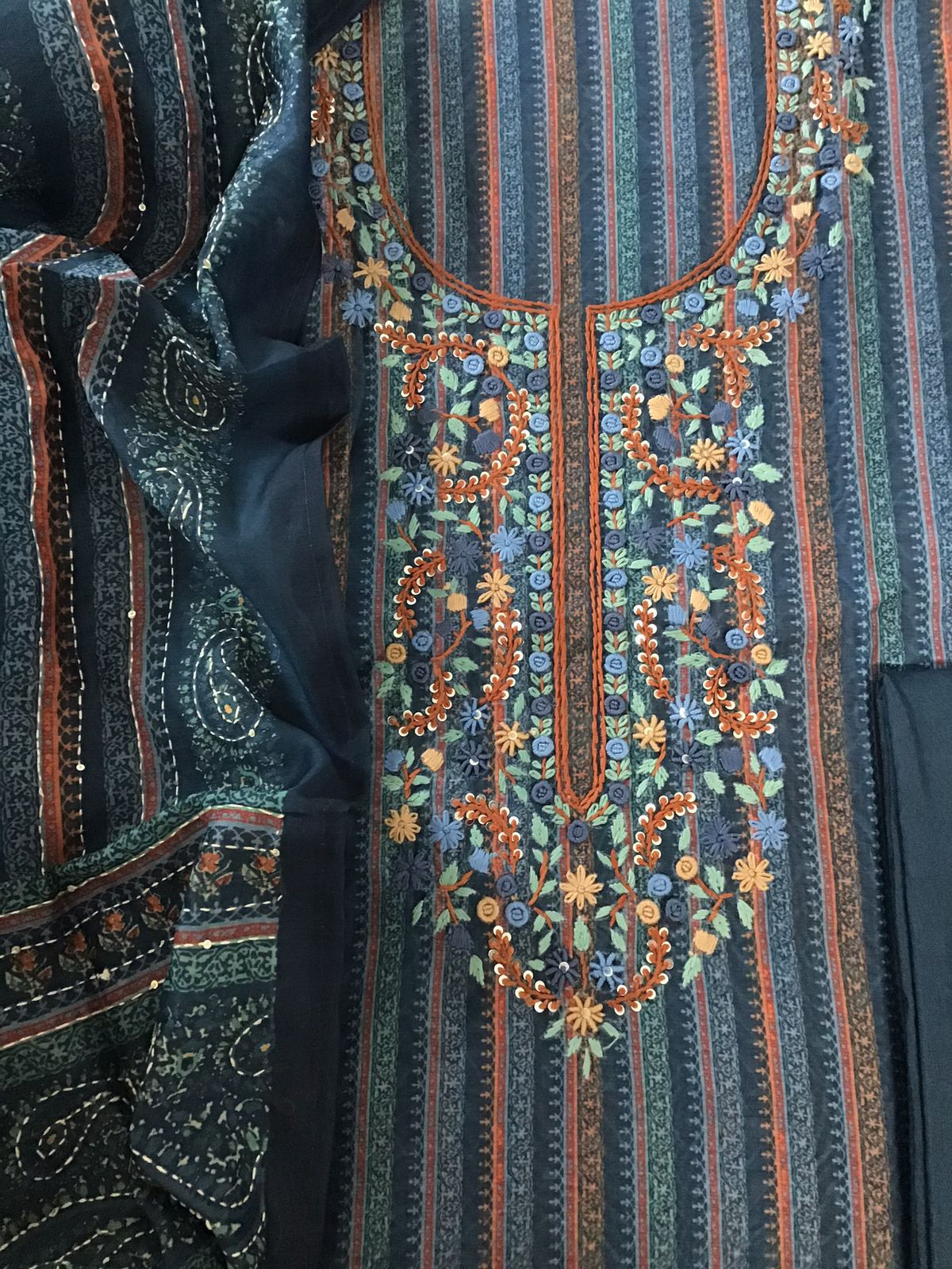 Soft Fine Kora Chanderi Printed Embroidered Suit - Grey