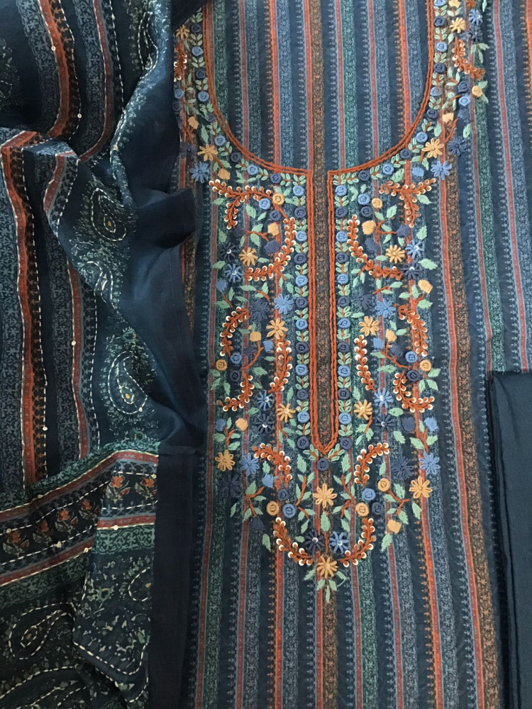 Image of Soft Fine Kora Chanderi Printed Embroidered Suit - Grey