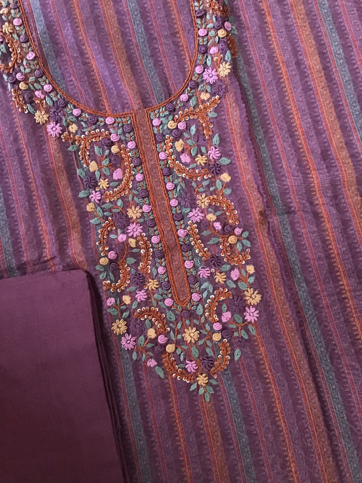 Soft Fine Kora Chanderi Printed Embroidered Suit - Wine