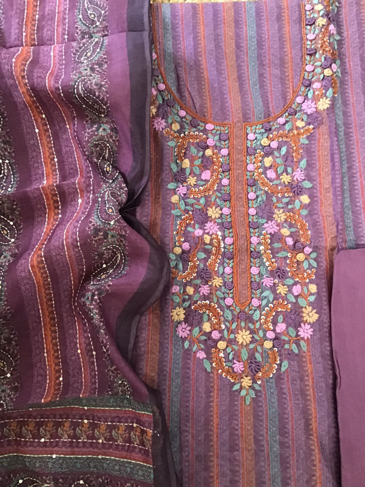 Soft Fine Kora Chanderi Printed Embroidered Suit - Wine
