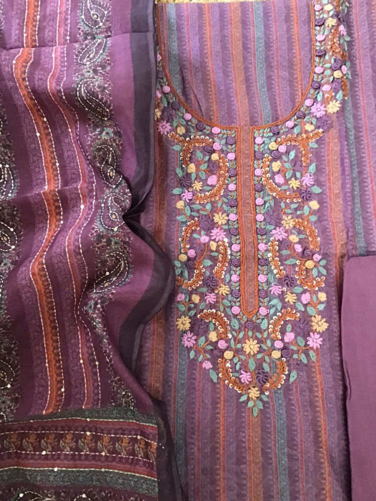 Image of Soft Fine Kora Chanderi Printed Embroidered Suit - Wine