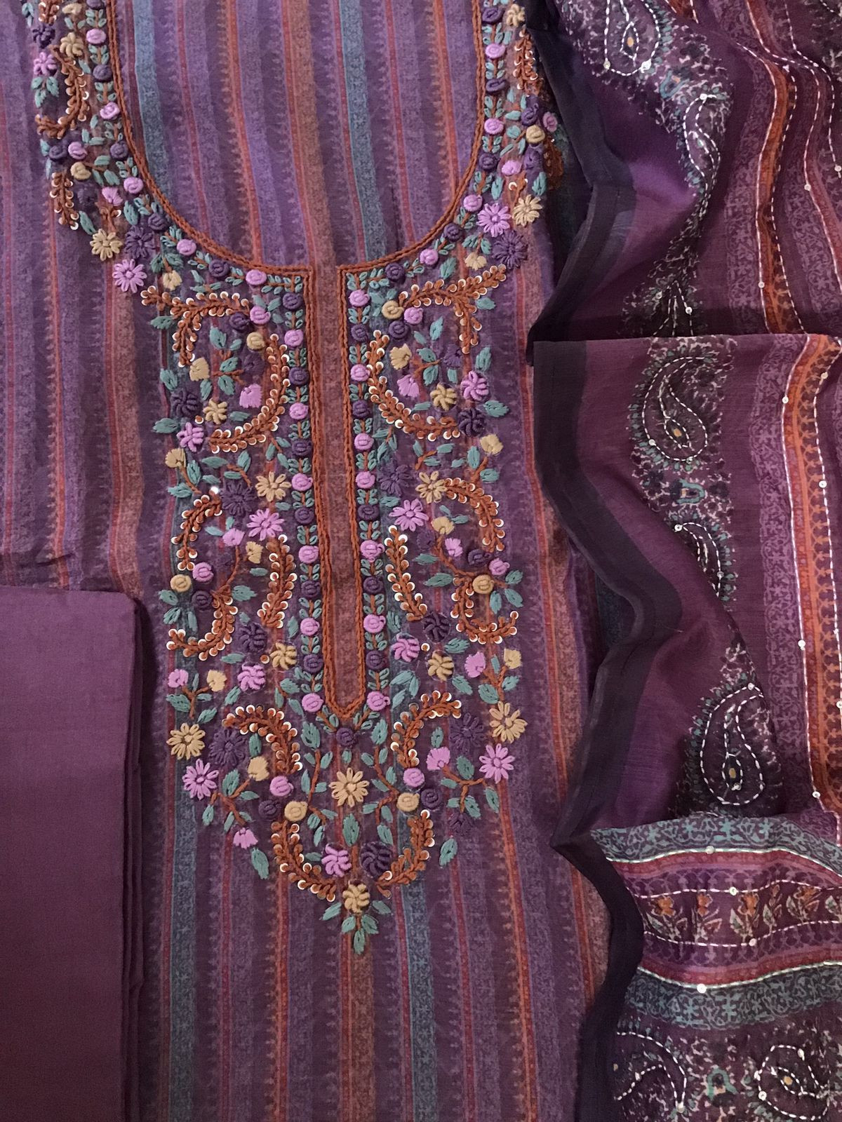 Soft Fine Kora Chanderi Printed Embroidered Suit - Wine