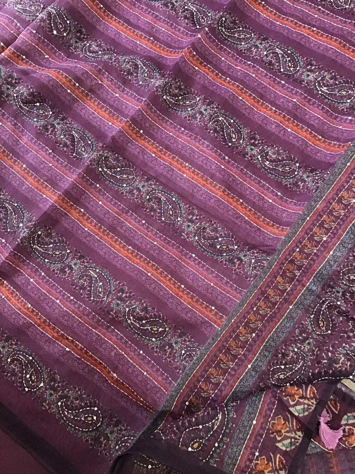 Soft Fine Kora Chanderi Printed Embroidered Suit - Wine