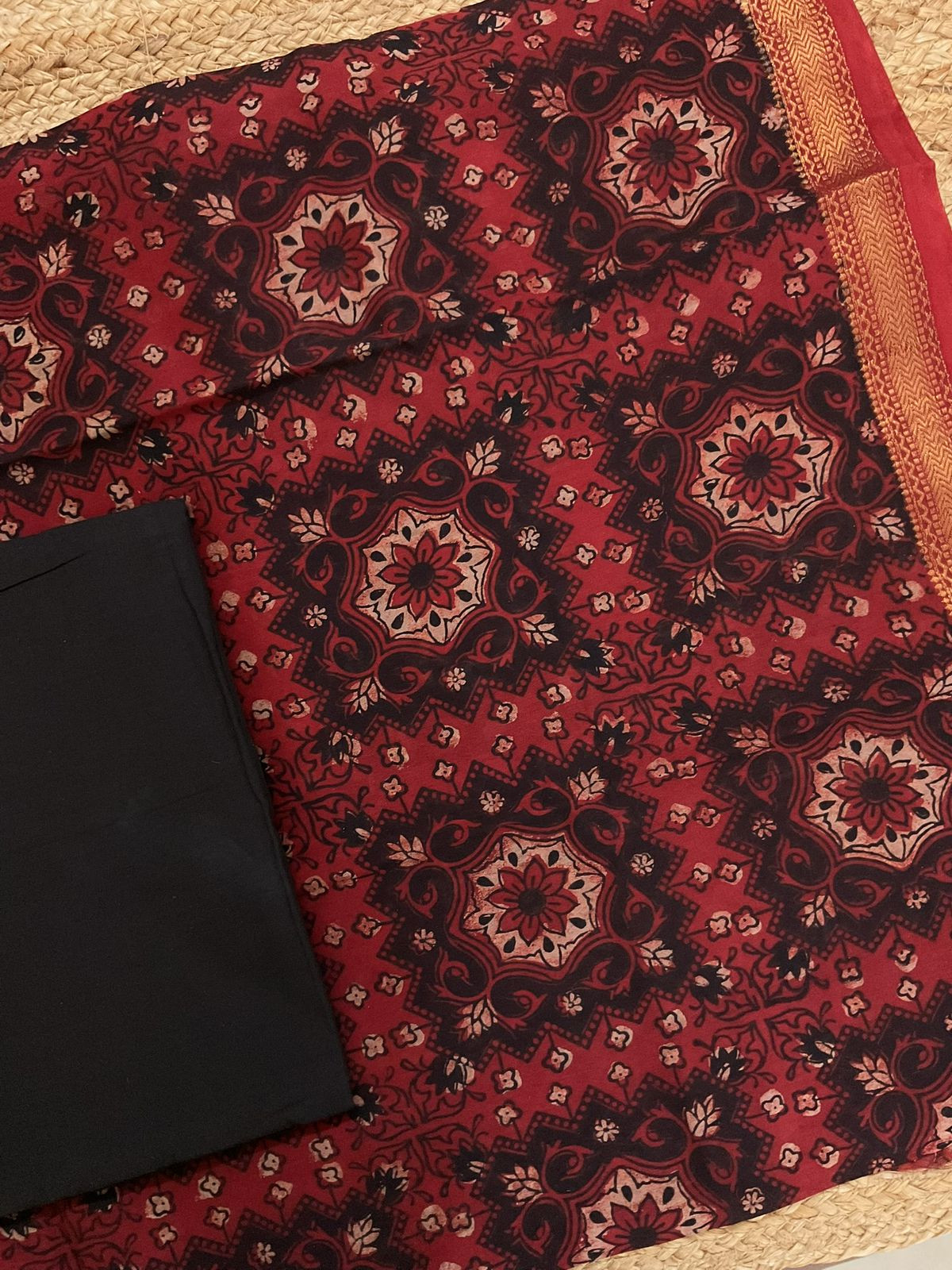 Pure Maheshwari Block Printed Suit - Red