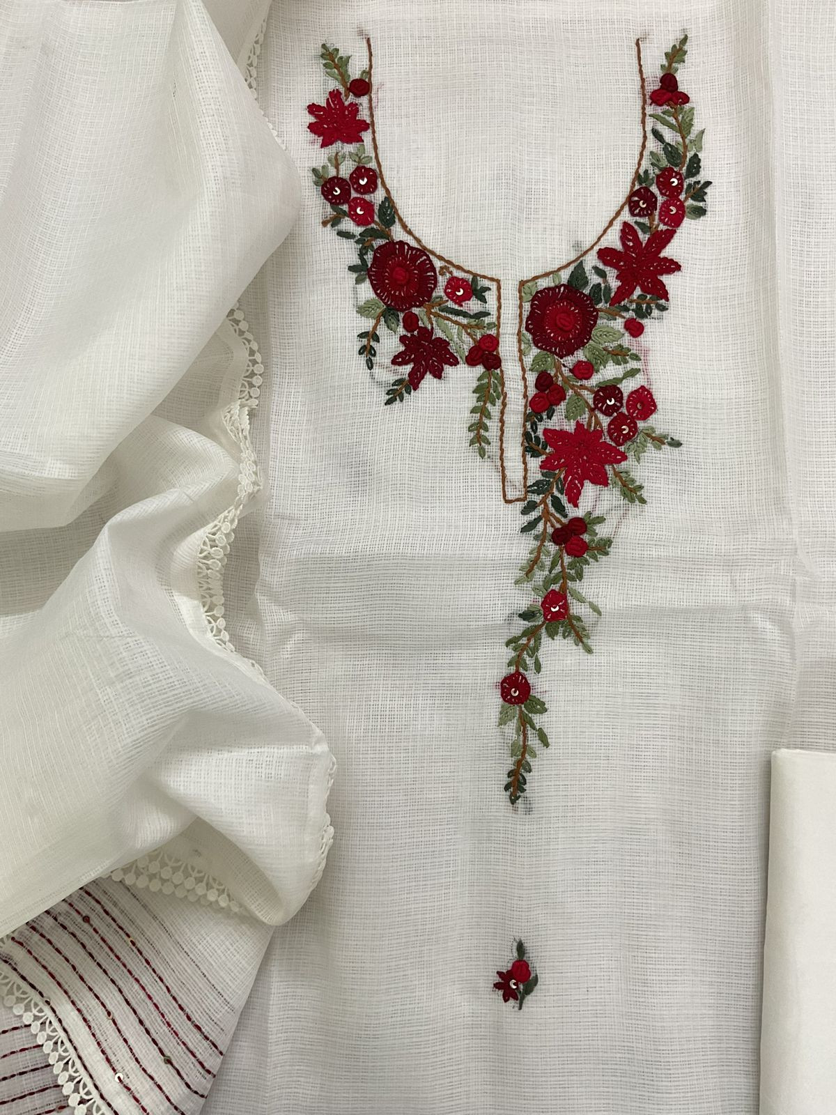 Soft Kota Silk Embroidered Suit - Off White