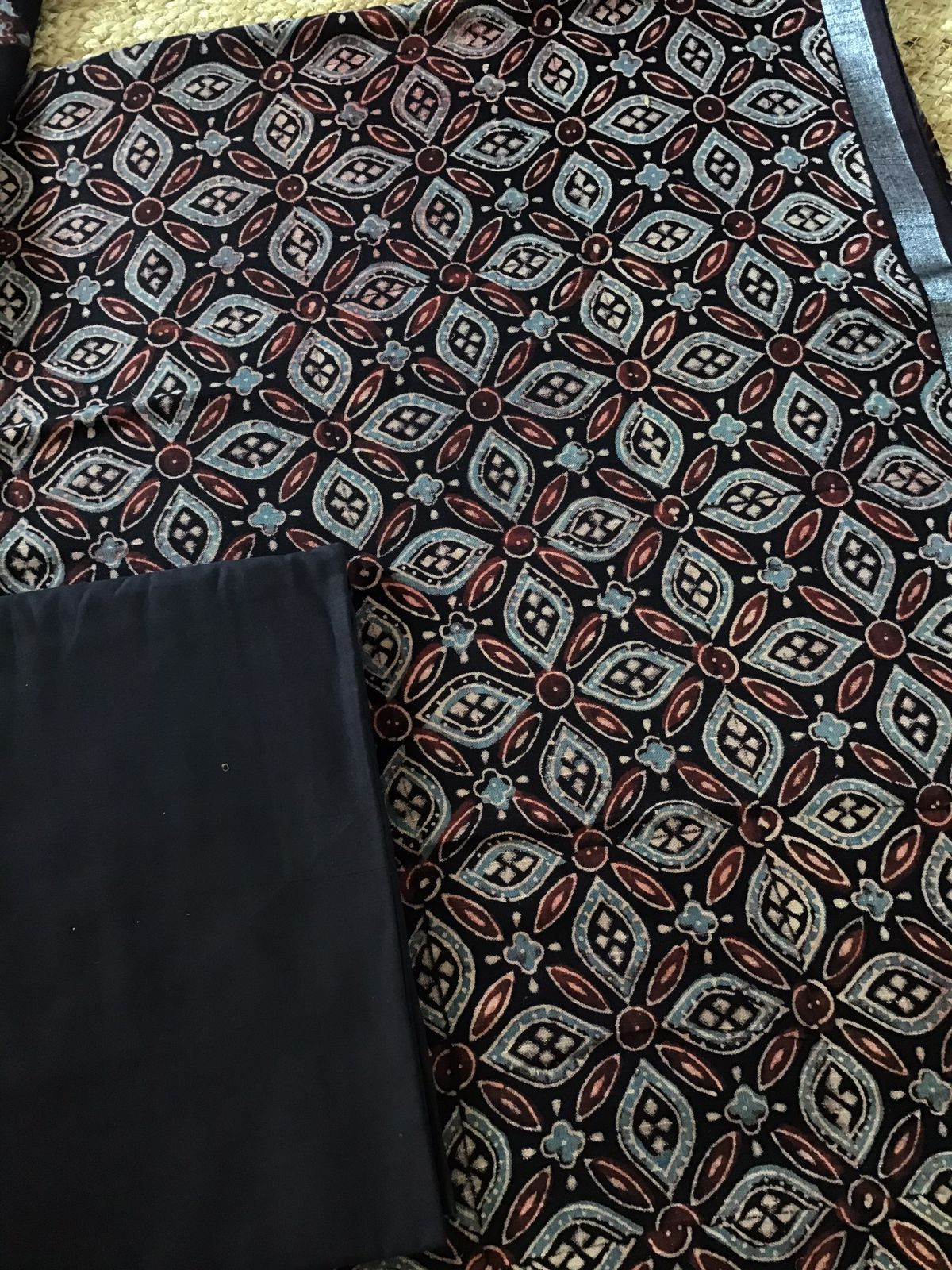 Pure Linen Jute Cotton Silk Ajrakh Printed Suit - Black