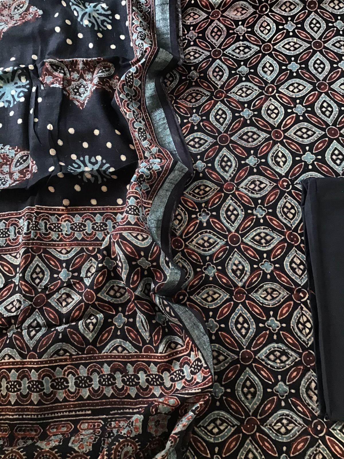 Pure Linen Jute Cotton Silk Ajrakh Printed Suit - Black