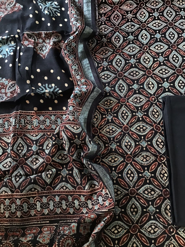 Image of Pure Linen Jute Cotton Silk Ajrakh Printed Suit - Black