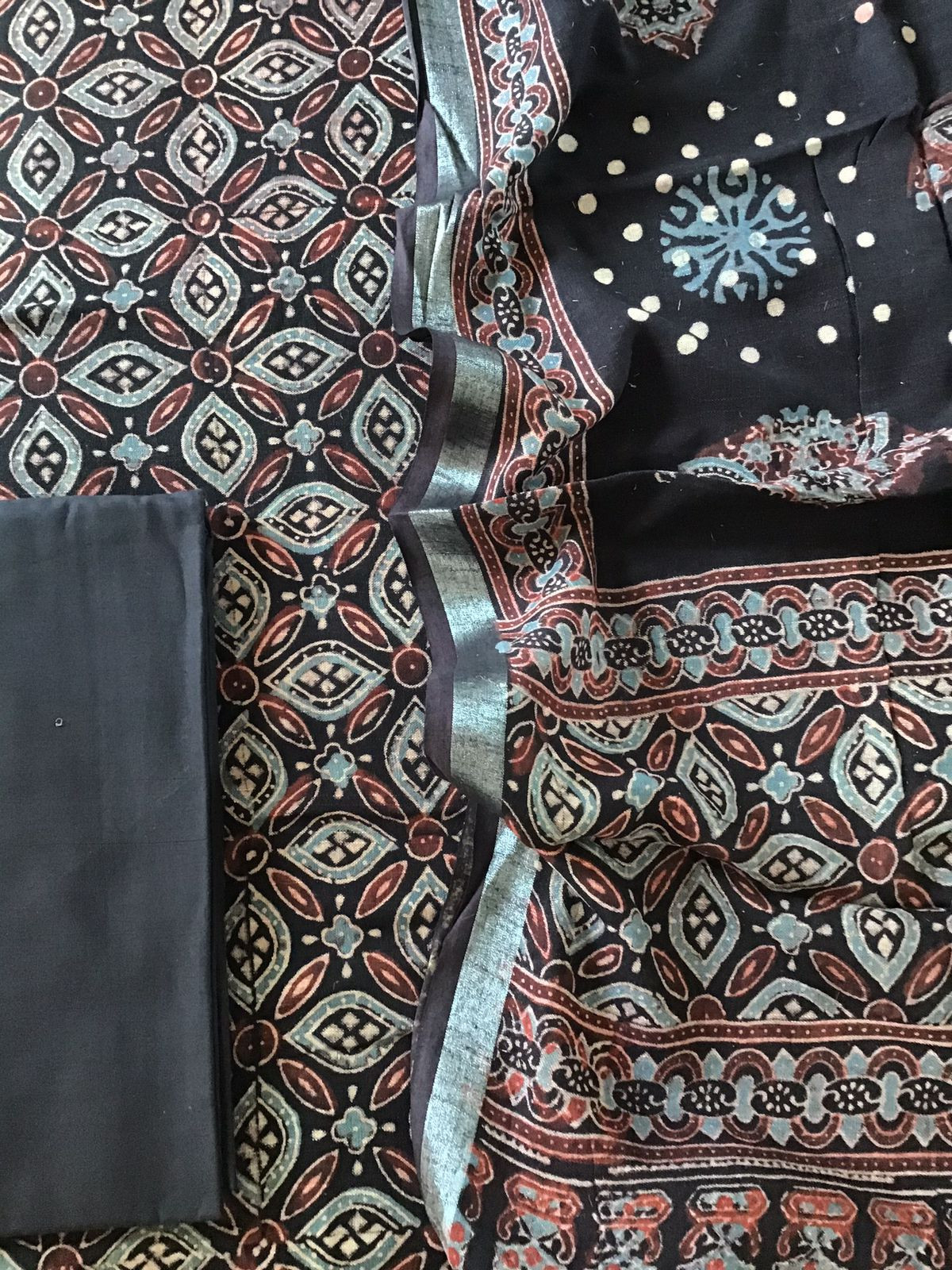 Pure Linen Jute Cotton Silk Ajrakh Printed Suit - Black