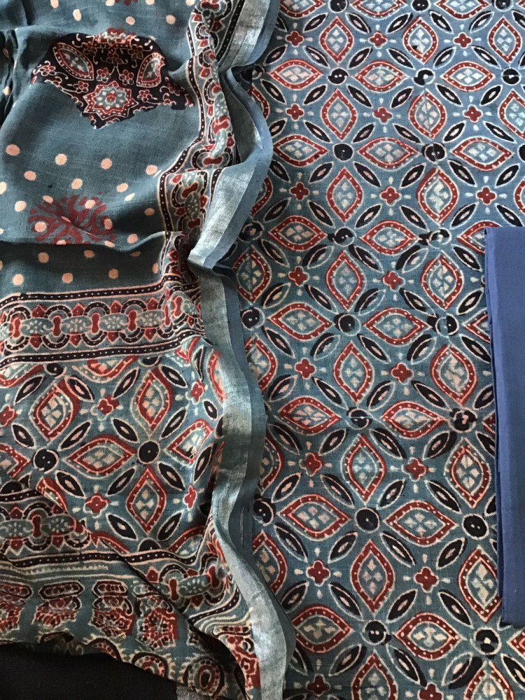 Image of Pure Linen Jute Cotton Silk Ajrakh Printed Suit - Blue