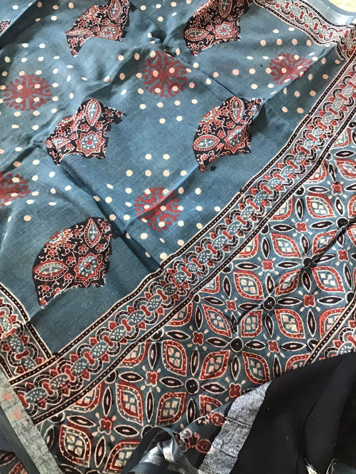 Pure Linen Jute Cotton Silk Ajrakh Printed Suit - Blue