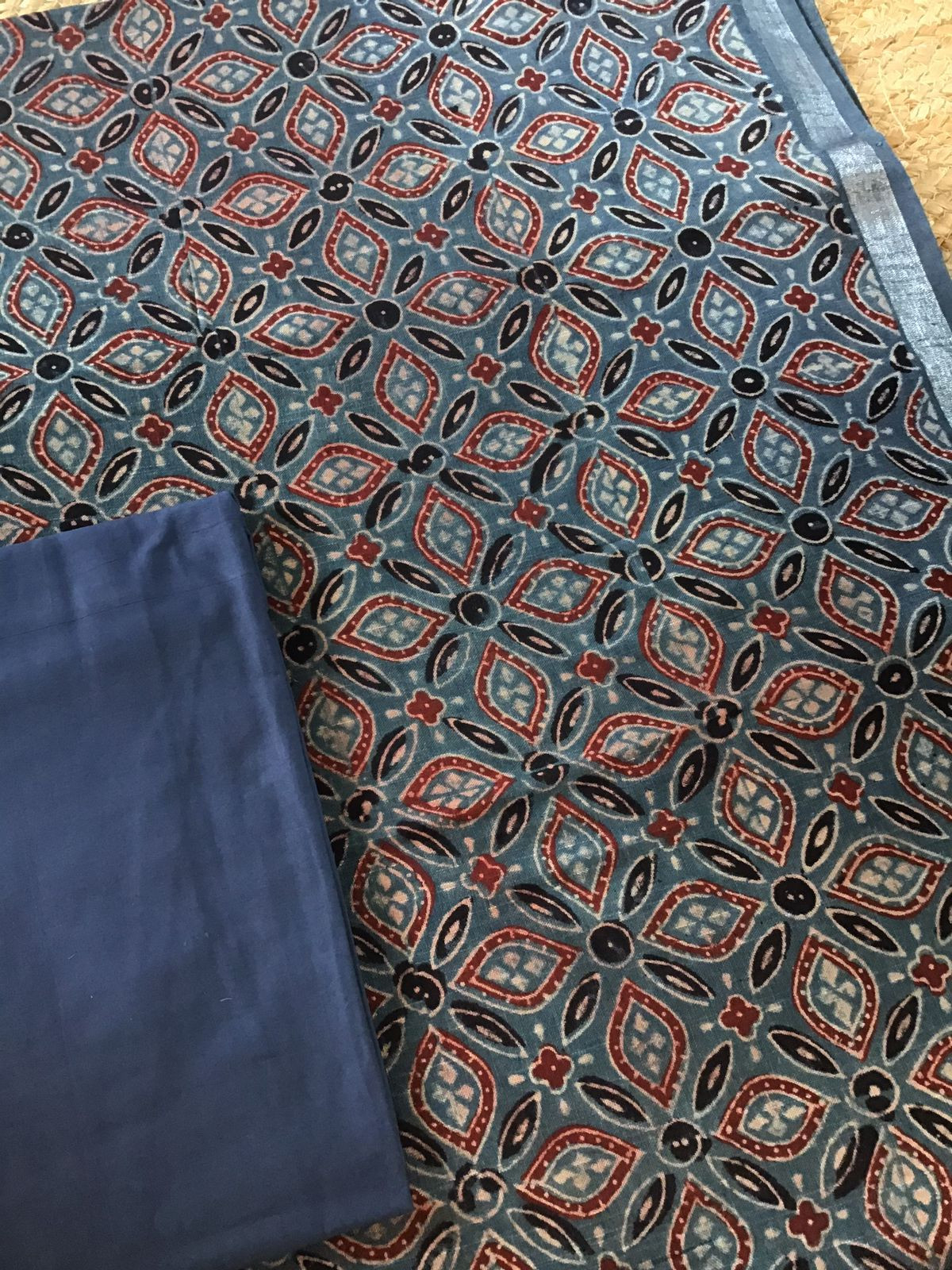 Pure Linen Jute Cotton Silk Ajrakh Printed Suit - Blue