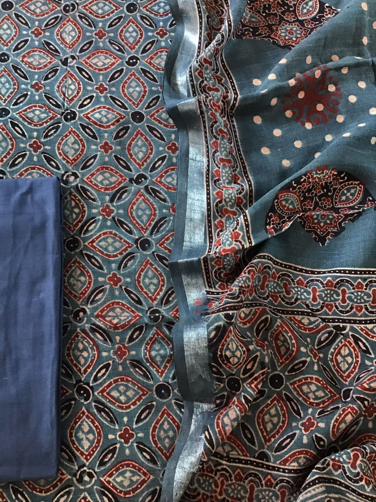 Pure Linen Jute Cotton Silk Ajrakh Printed Suit - Blue