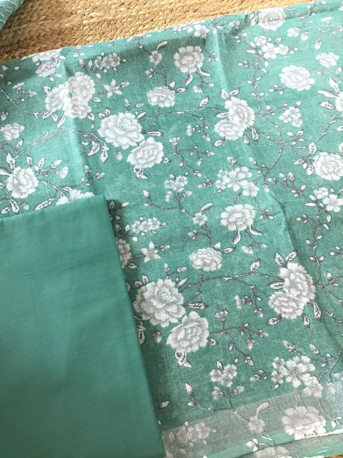 Pure Linen Jute Cotton Printed Suit - Green