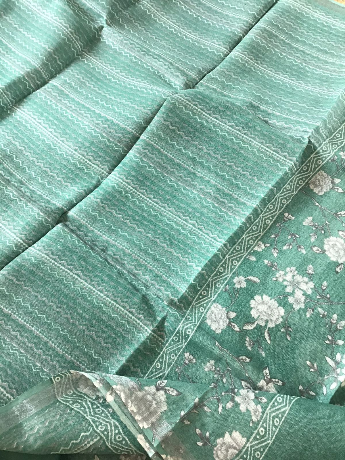 Pure Linen Jute Cotton Printed Suit - Green