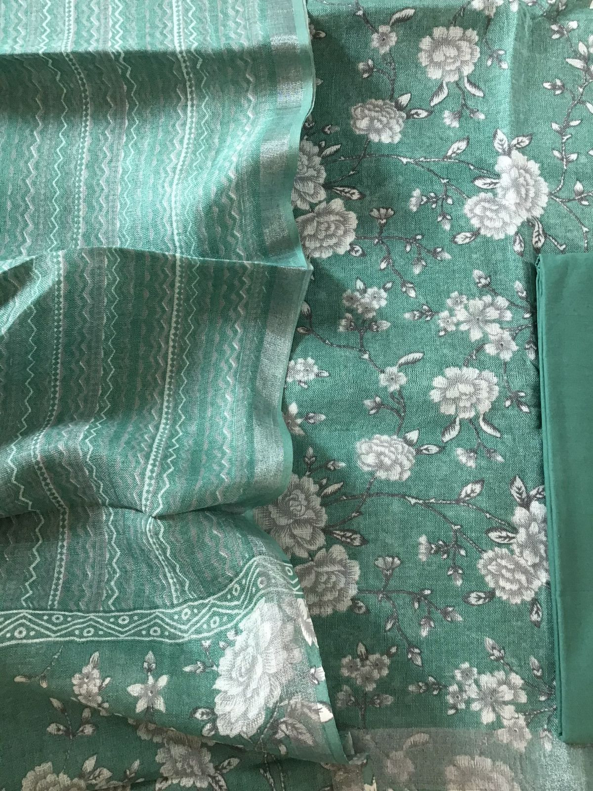 Pure Linen Jute Cotton Printed Suit - Green