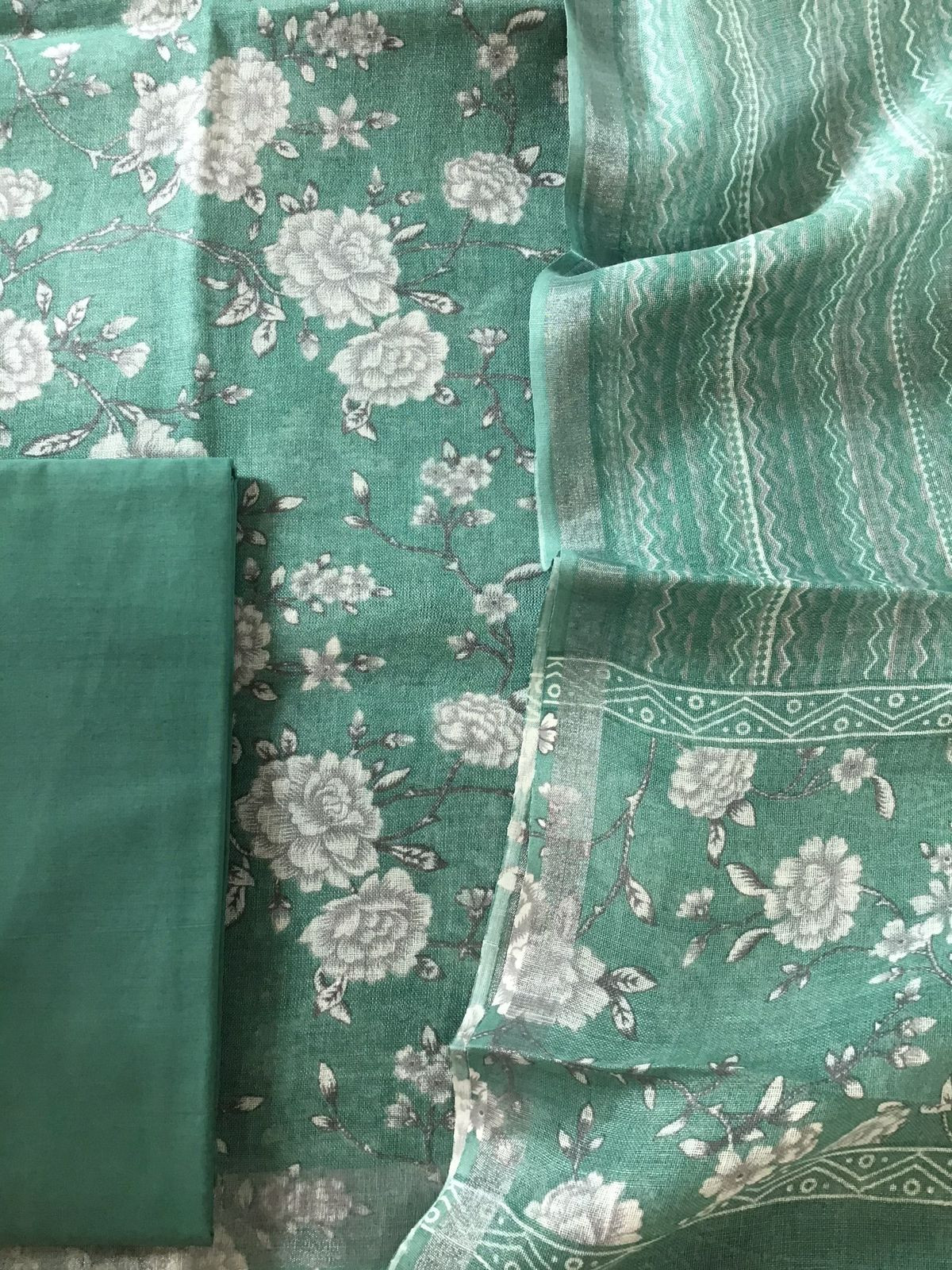 Pure Linen Jute Cotton Printed Suit - Green