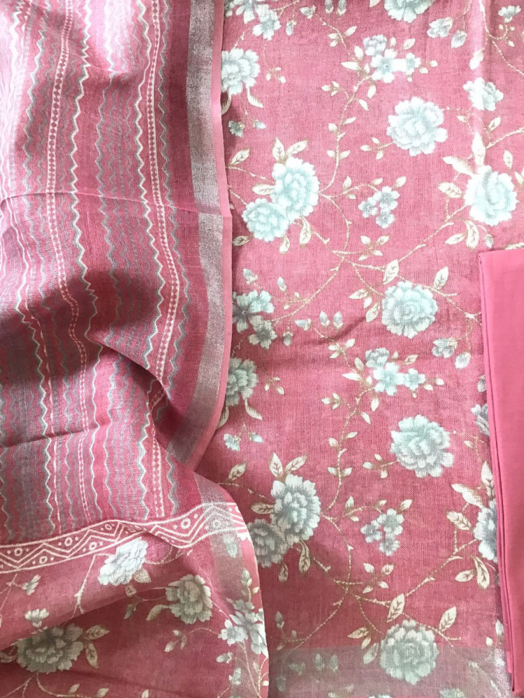 Image of Pure Linen Jute Cotton Printed Suit - Pink