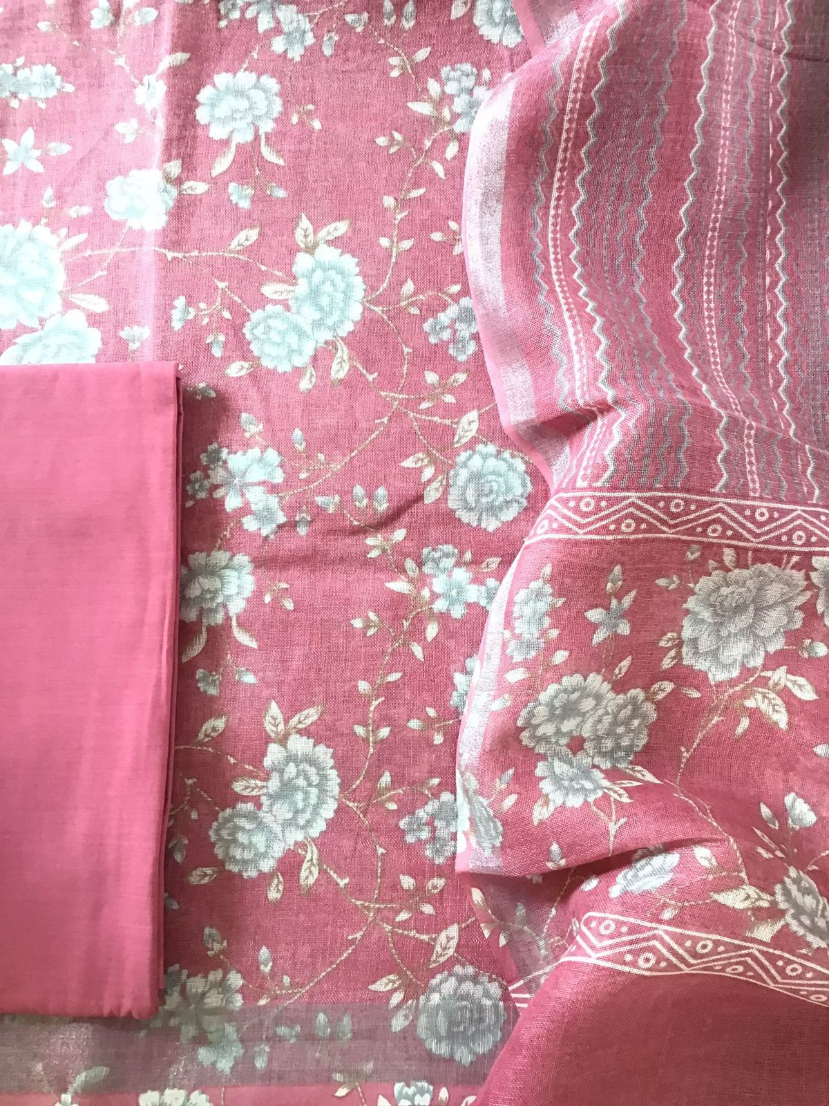Pure Linen Jute Cotton Printed Suit - Pink