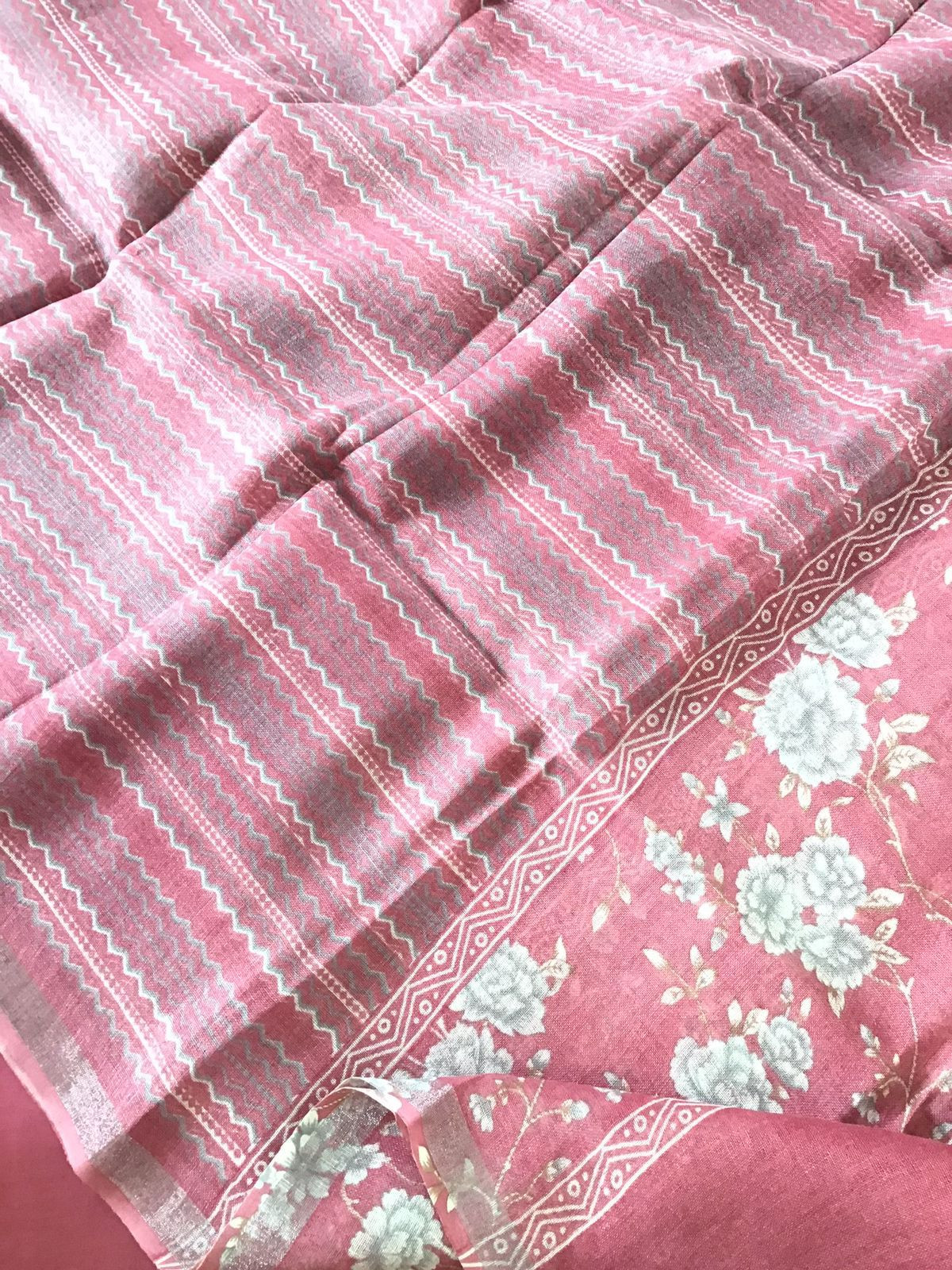 Pure Linen Jute Cotton Printed Suit - Pink