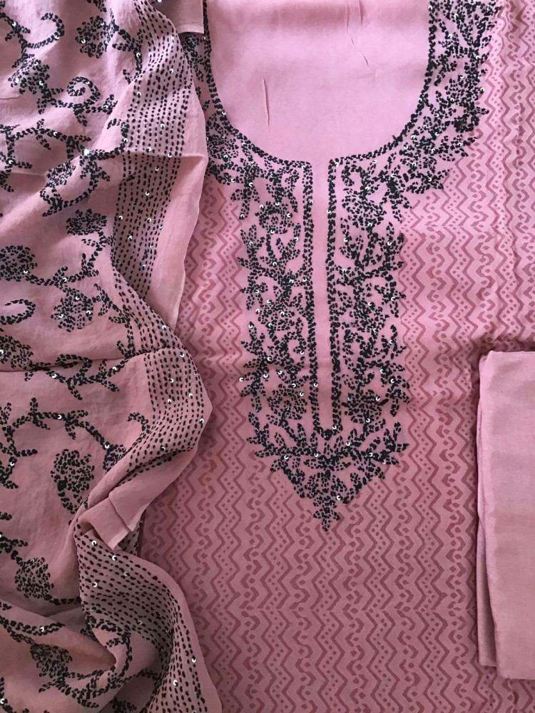 Image of Pure Georgette Printed Embroidered Suit - Pink