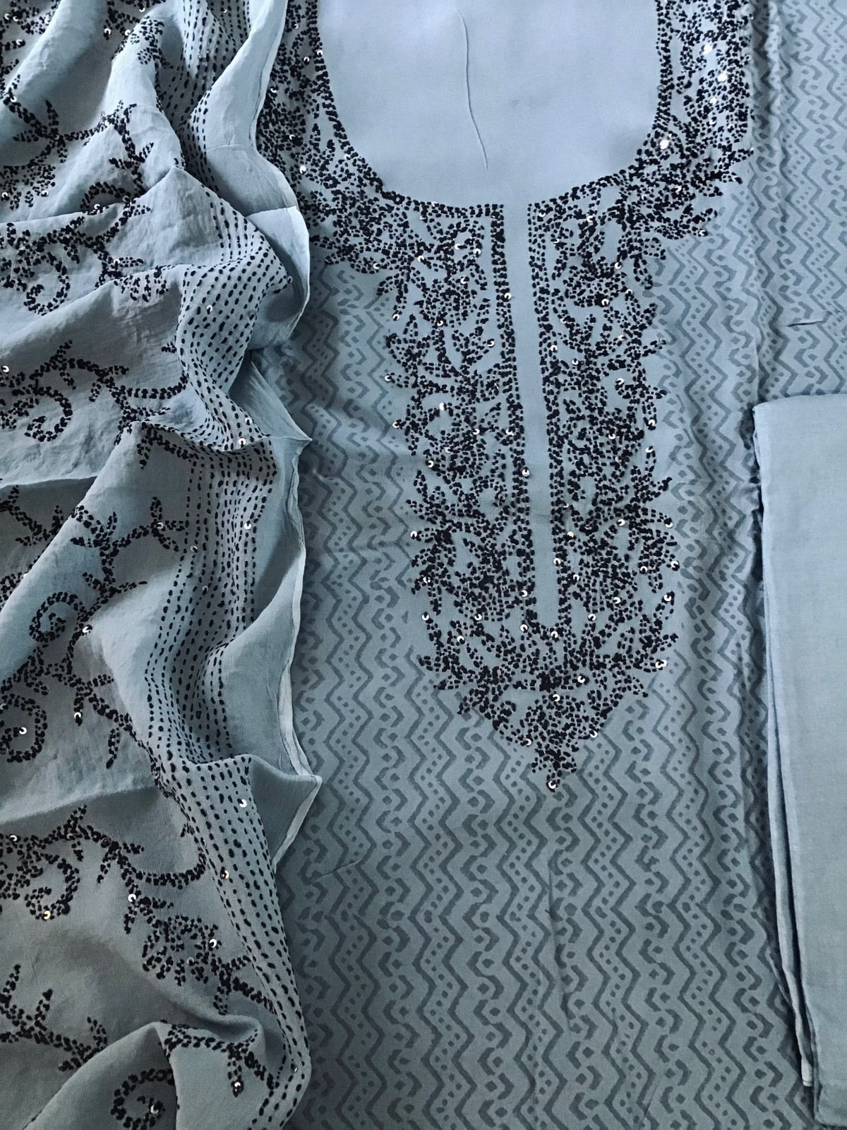 Pure Georgette Printed Embroidered Suit - Grey