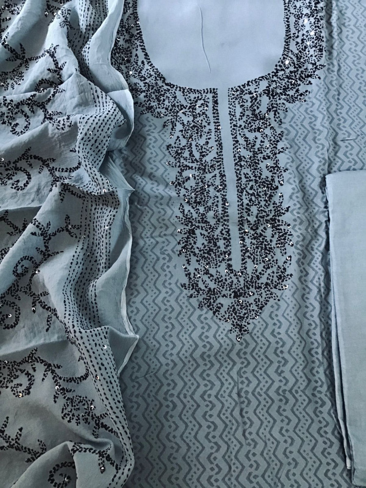 Image of Pure Georgette Printed Embroidered Suit - Grey