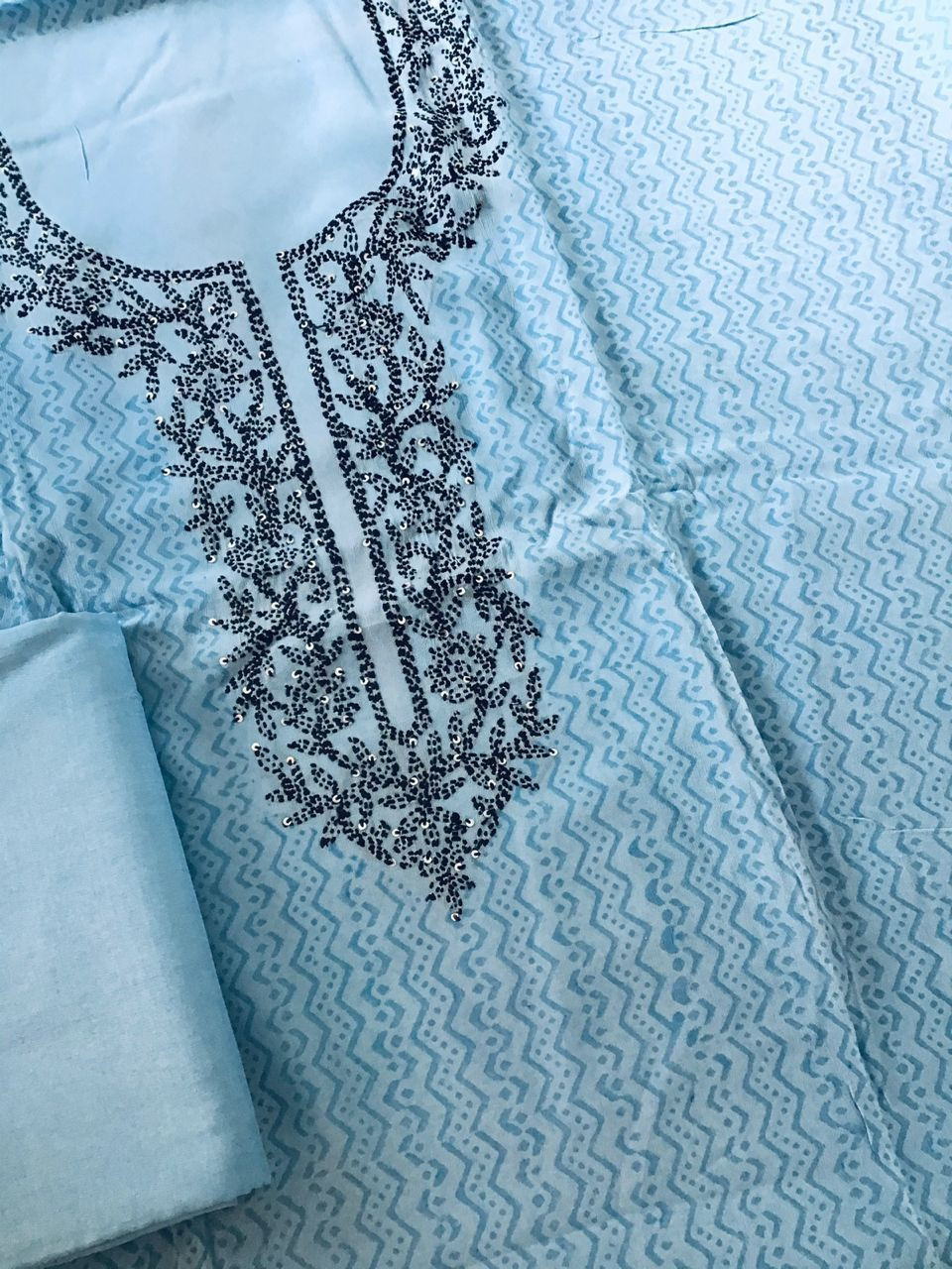 Pure Georgette Printed Embroidered Suit - Blue