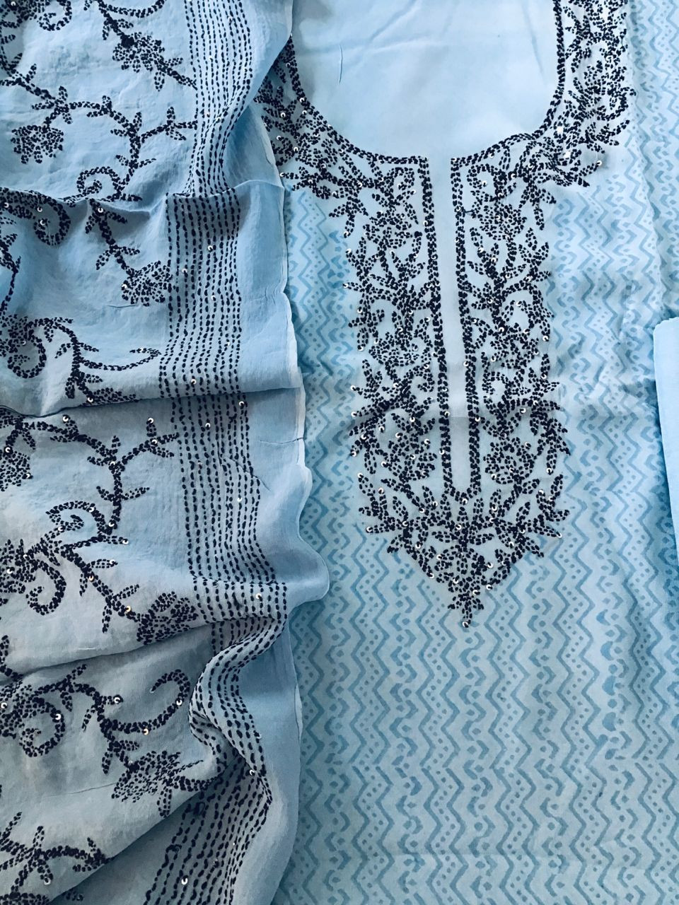 Pure Georgette Printed Embroidered Suit - Blue