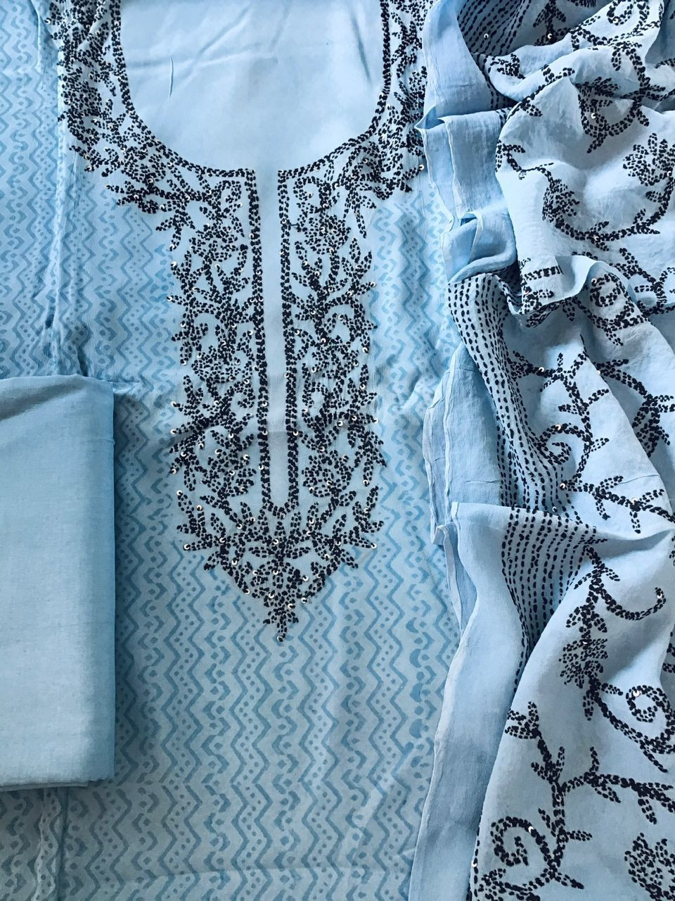 Pure Georgette Printed Embroidered Suit - Blue