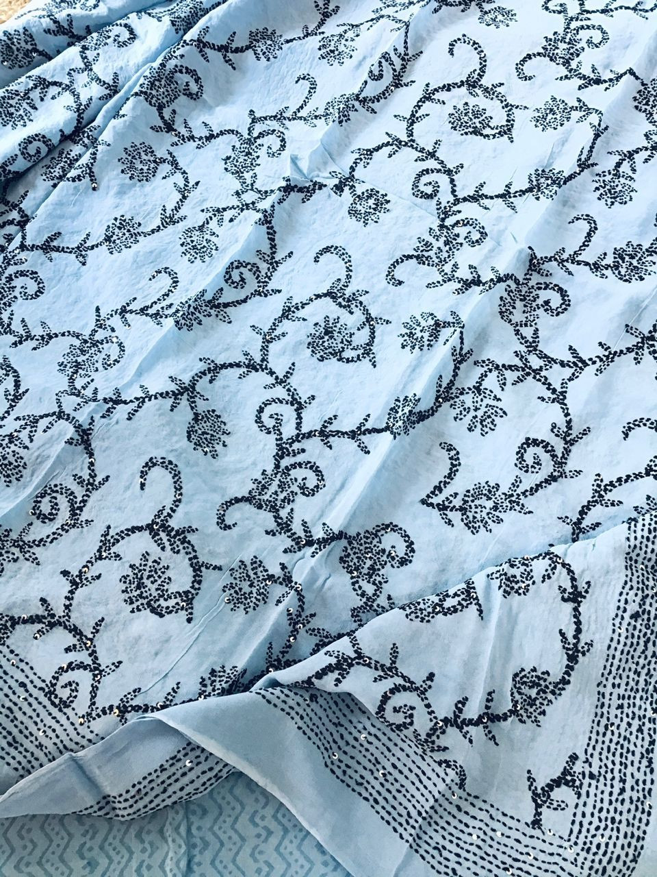 Pure Georgette Printed Embroidered Suit - Blue