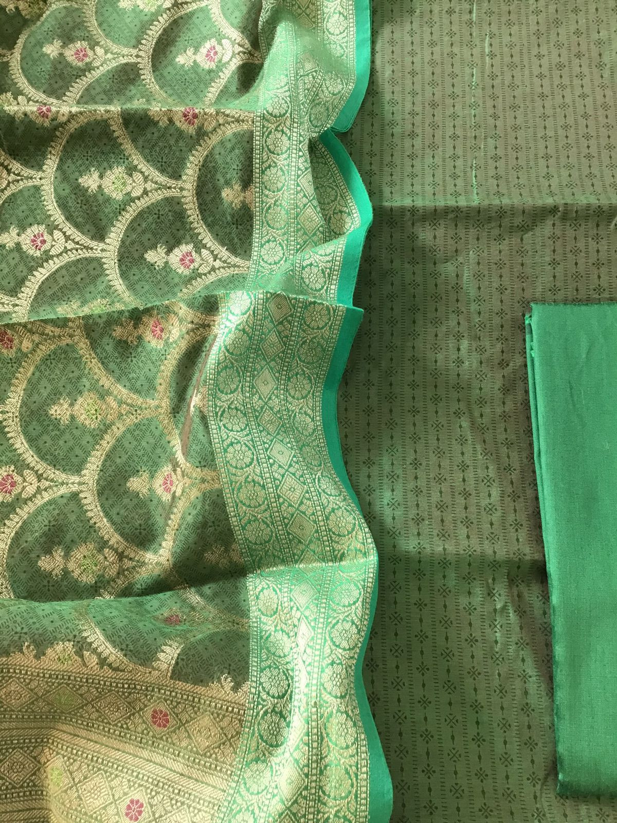 Soft Chanderi Printed Banarasi Weaved Suit - Green