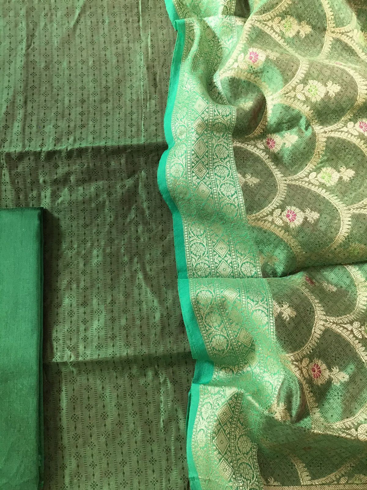 Soft Chanderi Printed Banarasi Weaved Suit - Green