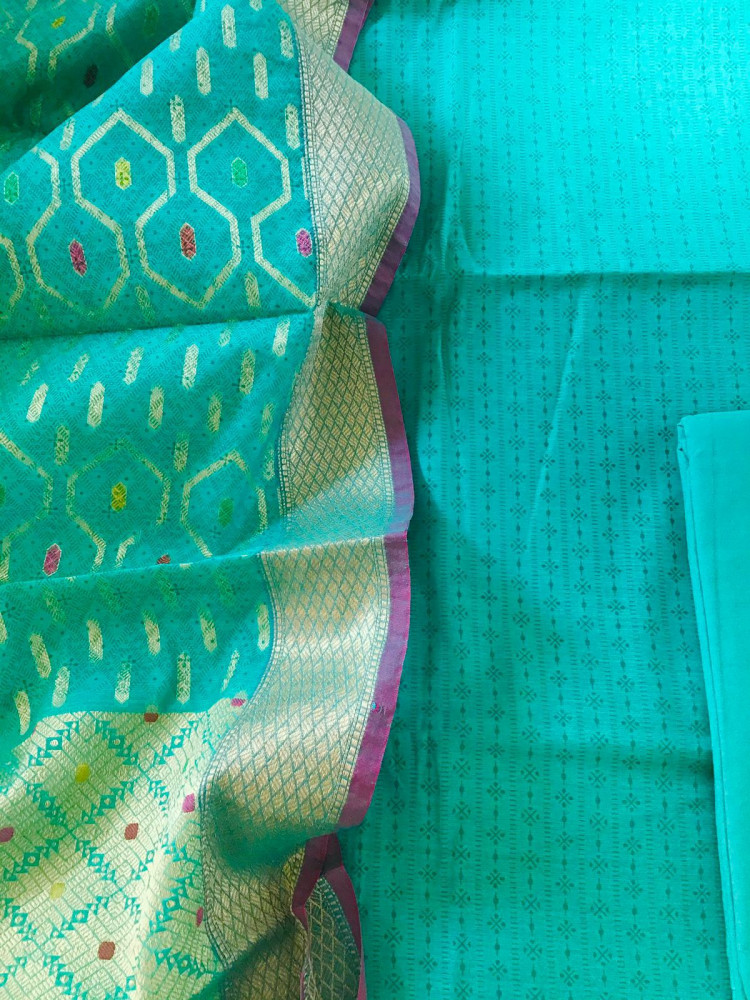 Image of Soft Chanderi Printed Banarasi Weaved Suit - Blue