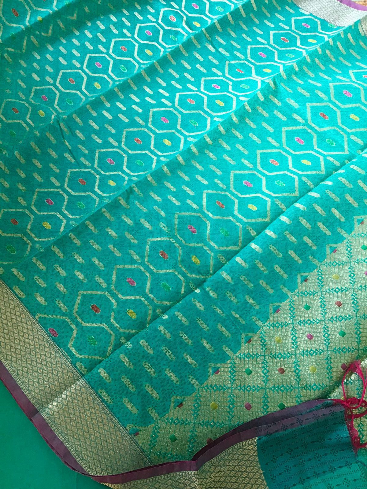 Soft Chanderi Printed Banarasi Weaved Suit - Blue