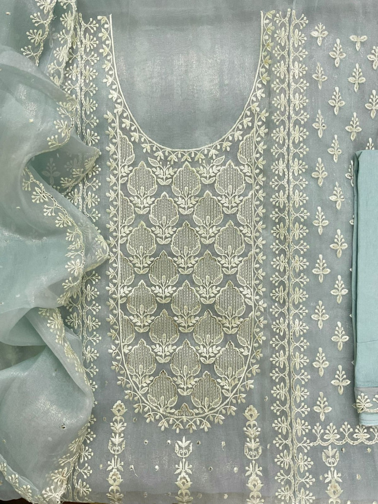 Image of Soft Crushed Tissue Embroidered Suit - Blue