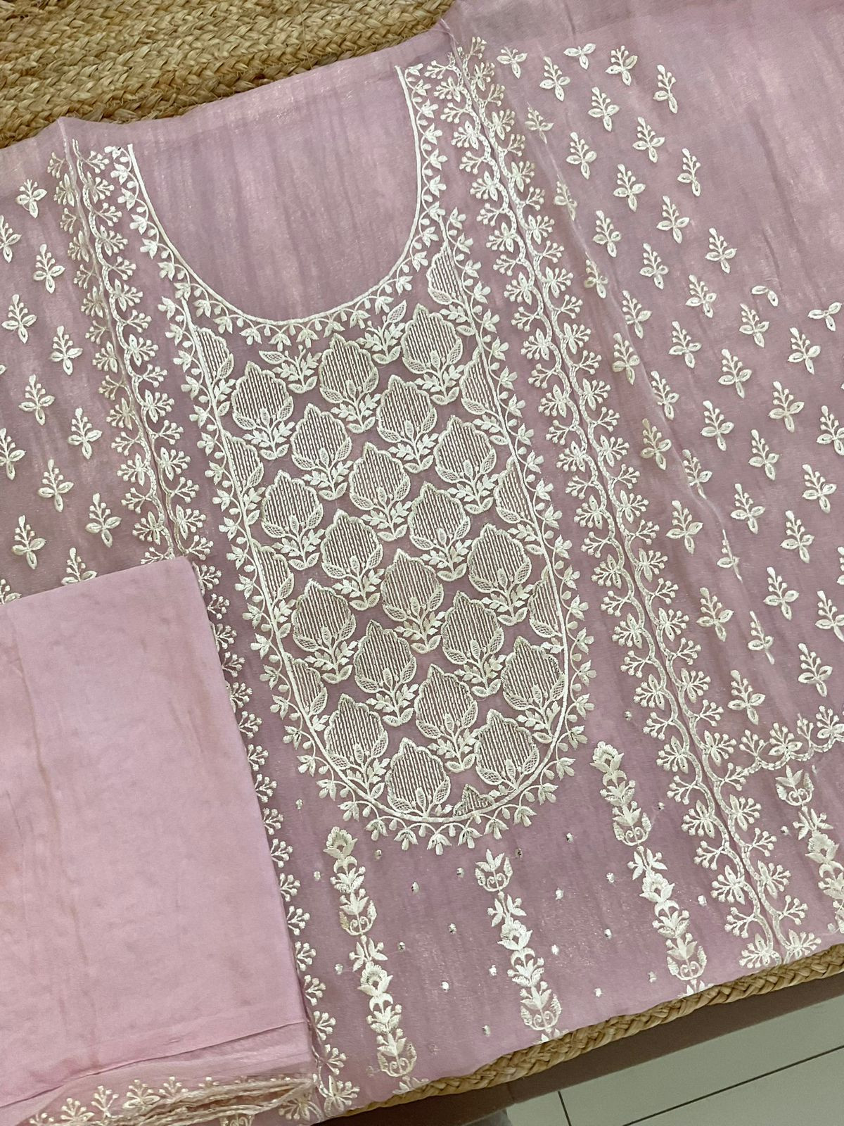 Soft Crushed Tissue Embroidered Suit - Pinkish Lavender