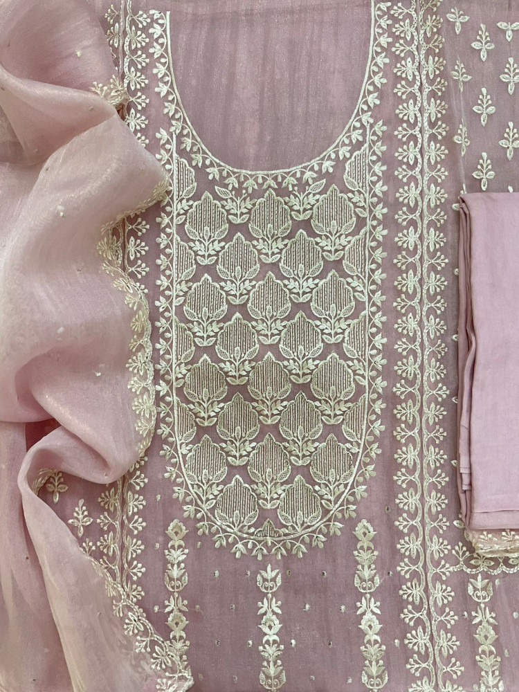Image of Soft Crushed Tissue Embroidered Suit - Pinkish Lavender