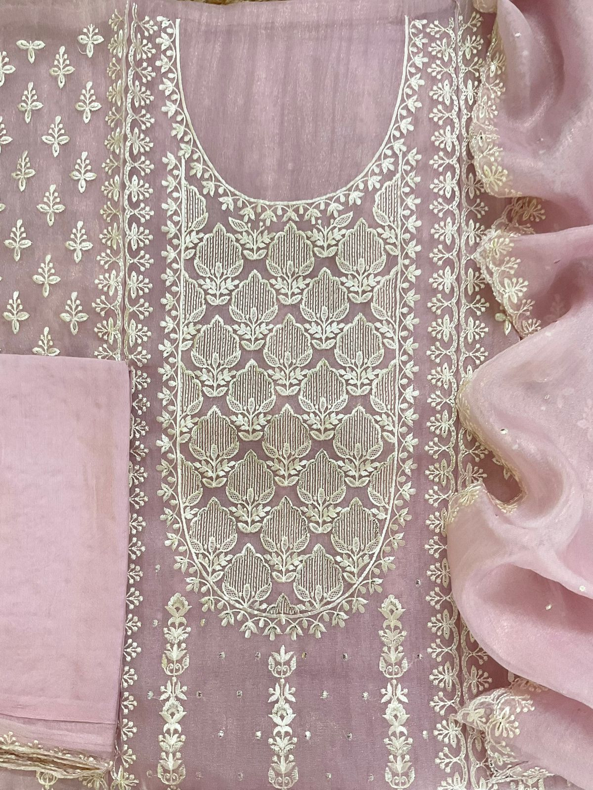 Soft Crushed Tissue Embroidered Suit - Pinkish Lavender