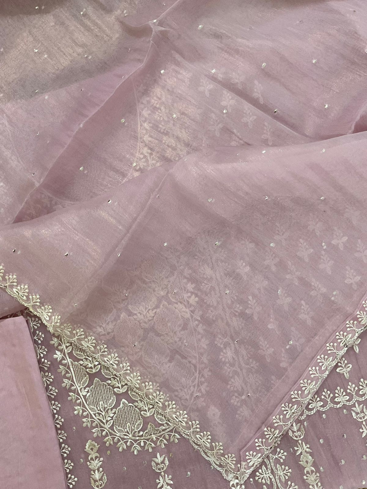 Soft Crushed Tissue Embroidered Suit - Pinkish Lavender