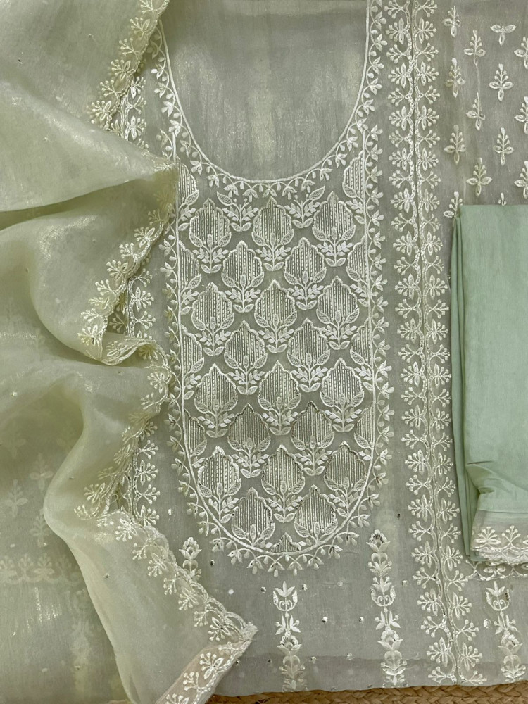 Image of Soft Crushed Tissue Embroidered Suit - Green