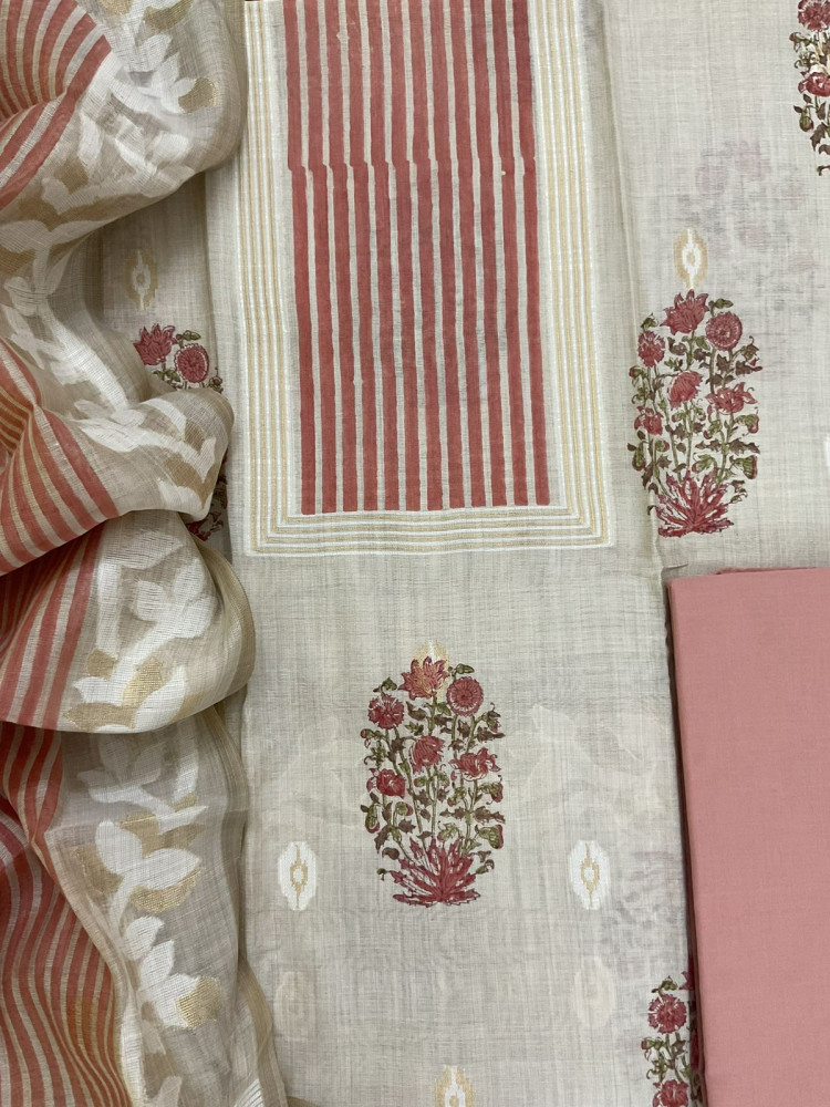 Image of Pure Slub Chanderi Printed Jamdani Weaved Suit - Beige