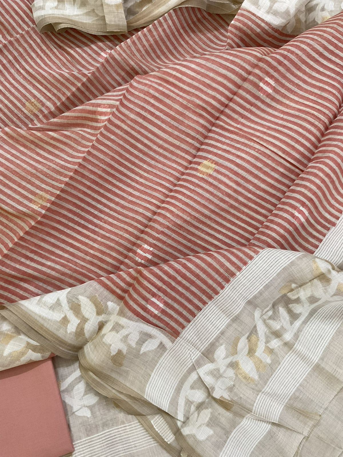 Pure Slub Chanderi Printed Jamdani Weaved Suit - Beige